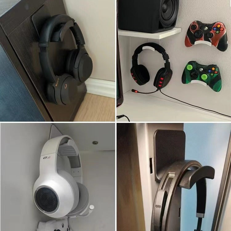 Hearhook – Four setups with the hook holding headphones and game controllers on desk sides, shelves and walls