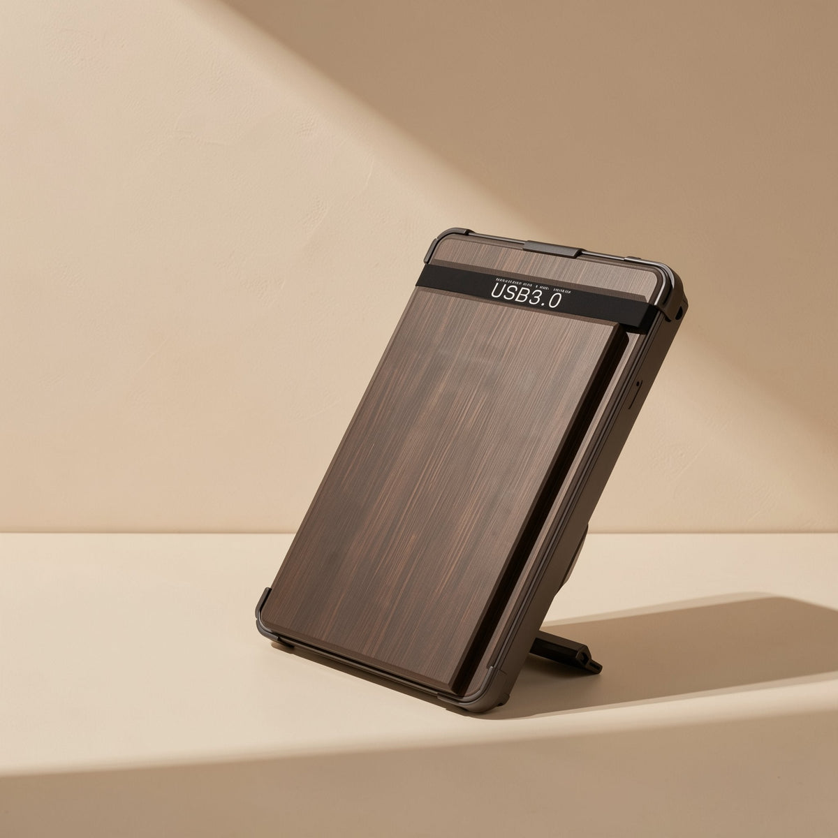 Datahush – Brown wood-grain enclosure with USB3.0 label, standing upright on a small kickstand