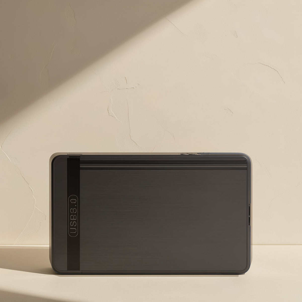 Datahush – Front view of a dark gray brushed-finish enclosure with a vertical USB3.0 label on the left