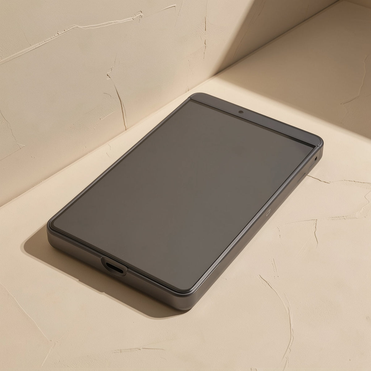 Datahush – Gray enclosure lying flat on a cream surface, with the USB port visible on the front edge