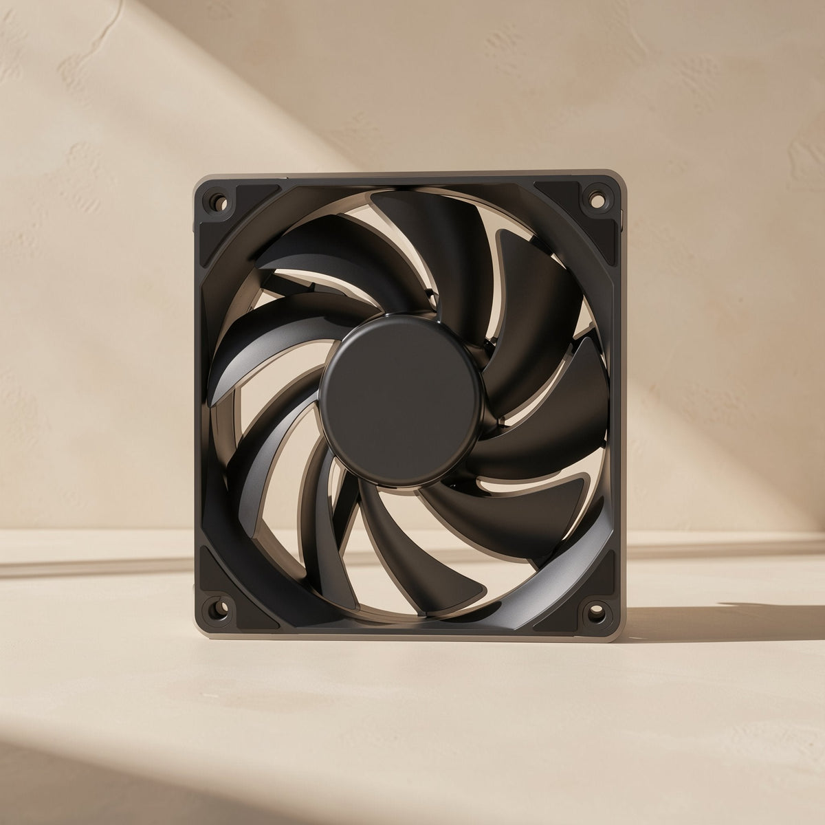 Airspin – Front view of a black fan with curved blades and a round hub, standing on a pale beige surface