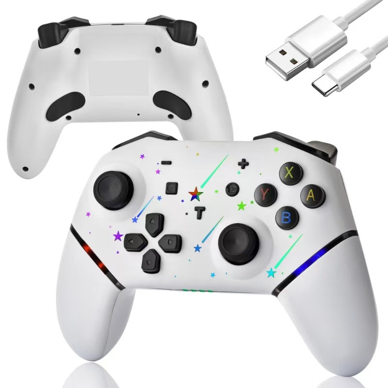 Buzzaxis Bluetooth Game Controller for Switch in white with star pattern, front and back views, USB-C cable