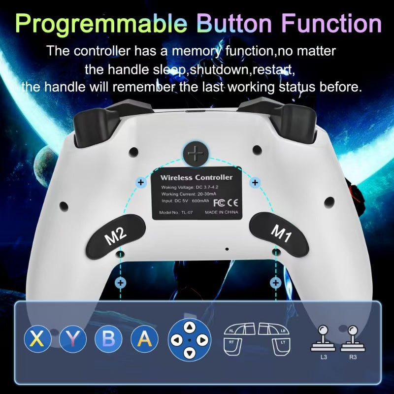 Buzzaxis – Back of white controller showing M1 and M2 paddles, label panel and programmable button icons