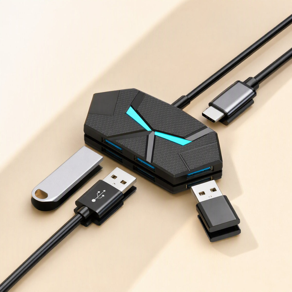Glowbranch USB 3.1 Hub with cyan light, plugged into a USB-C cable, flash drive and two USB-A devices