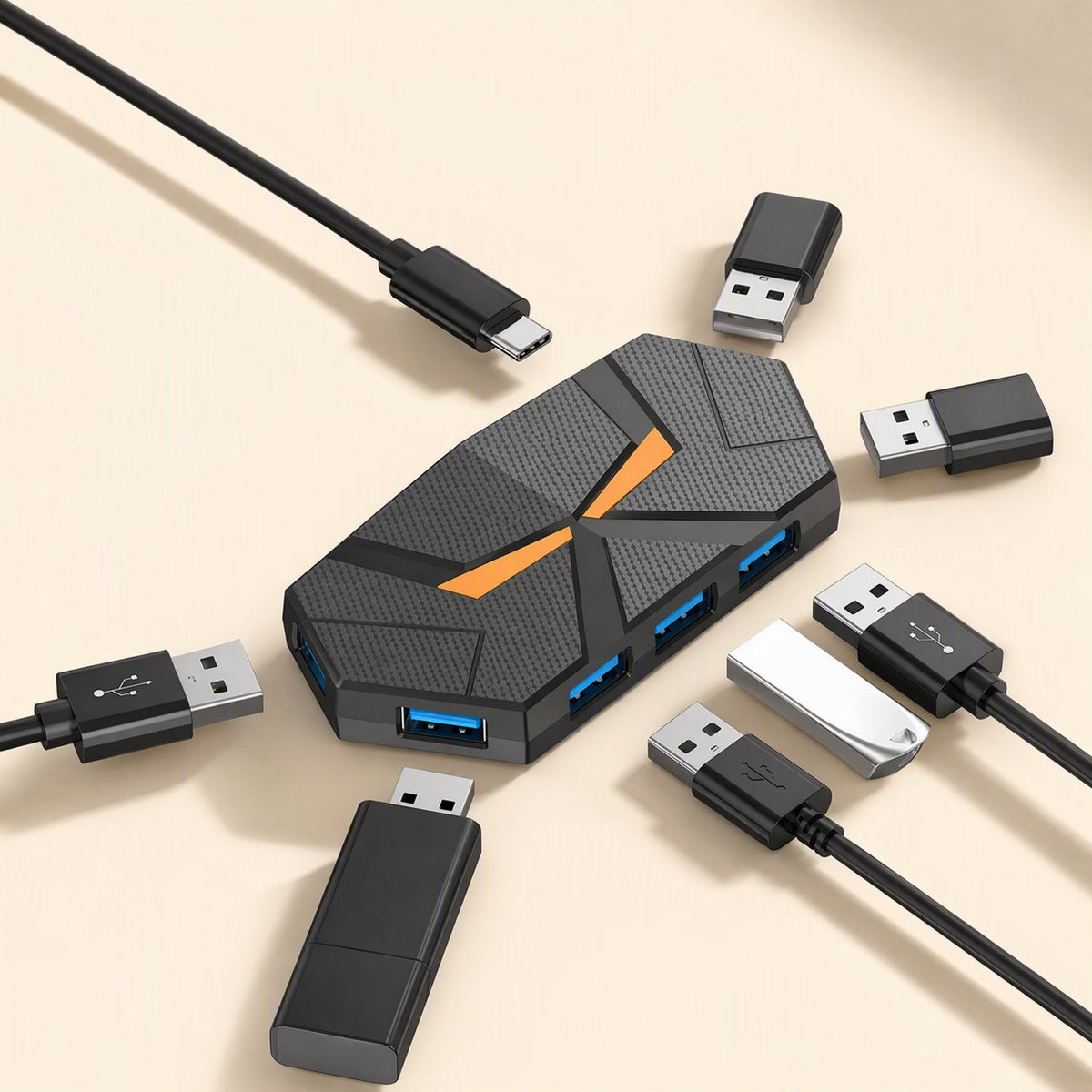 Glowbranch – Top view of the hub with orange light, surrounded by USB-C and USB-A cables, flash drives and a USB stick