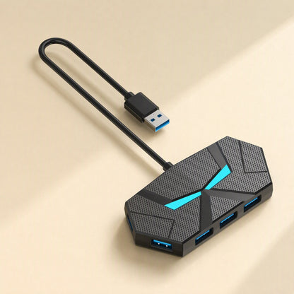 Glowbranch – Angled view of the hub with a looped cable ending in a USB-A plug, cyan light and four blue USB ports