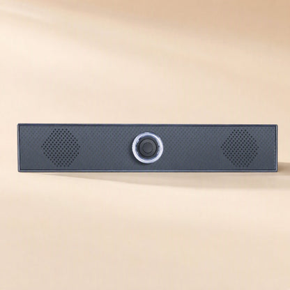 Soundbit – Front view of a dark gray soundbar with a textured mesh grille, two diamond-shaped vents and a center knob