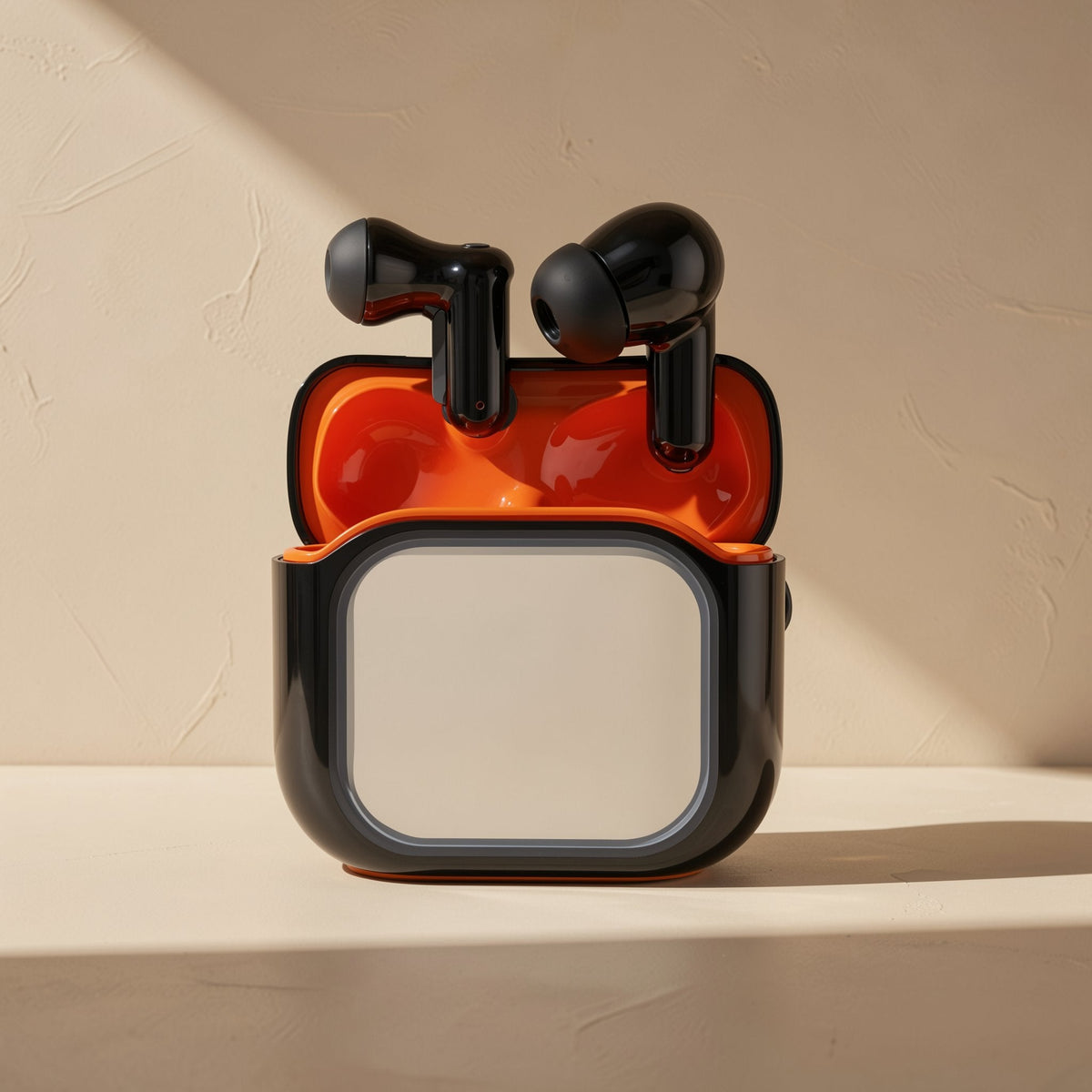 Quietwave Bluetooth headphones: black earbuds above an open orange-lined case with a blank white front panel