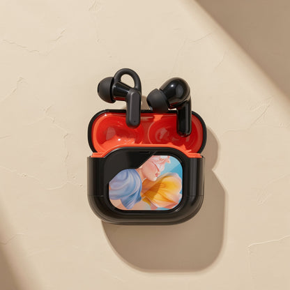 Quietwave – Top-down view of earbuds in open orange-lined case with a portrait artwork panel, against a plaster wall