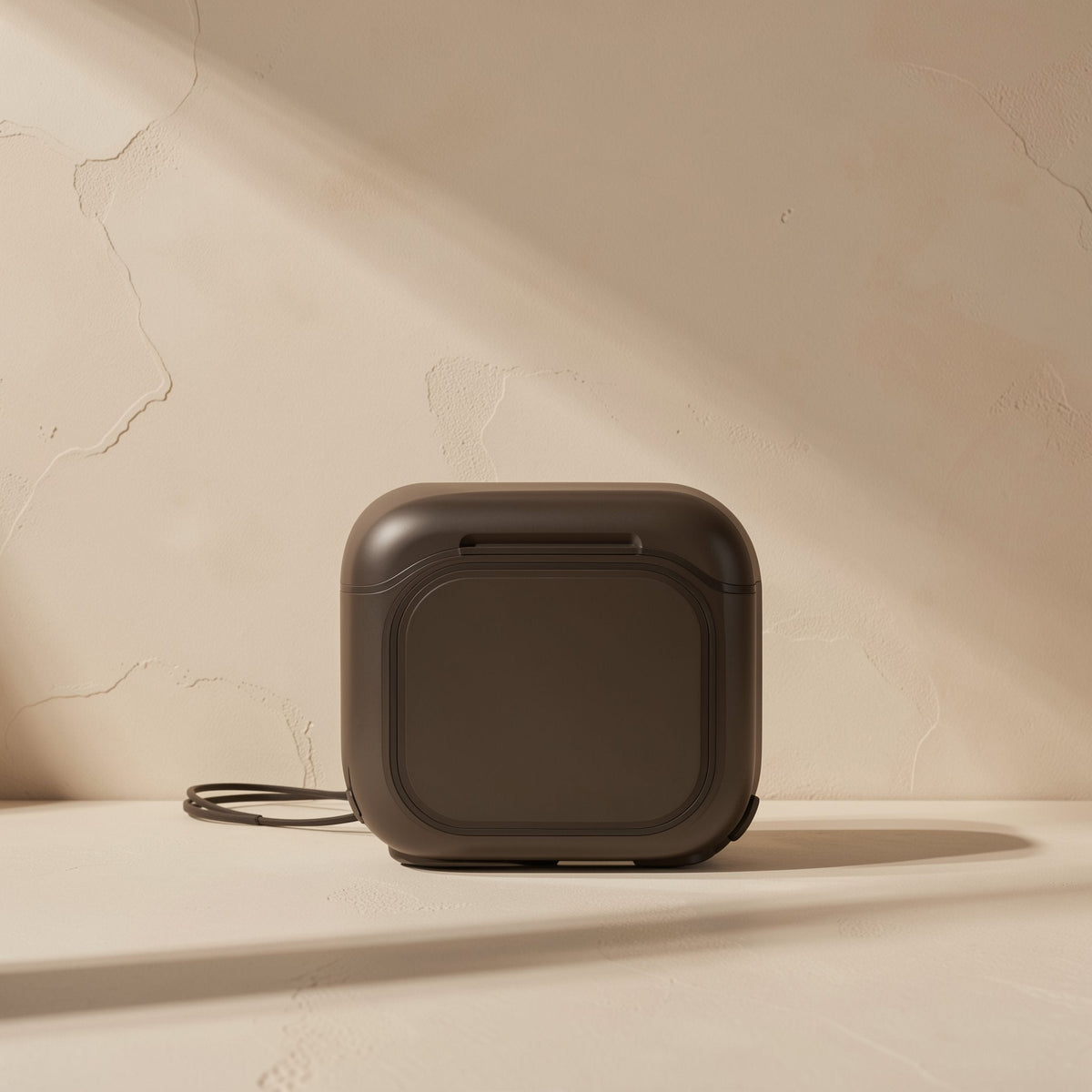 Quietwave – Closed brown charging case with a lanyard cord trailing from the side, seen from the back on a pale ledge