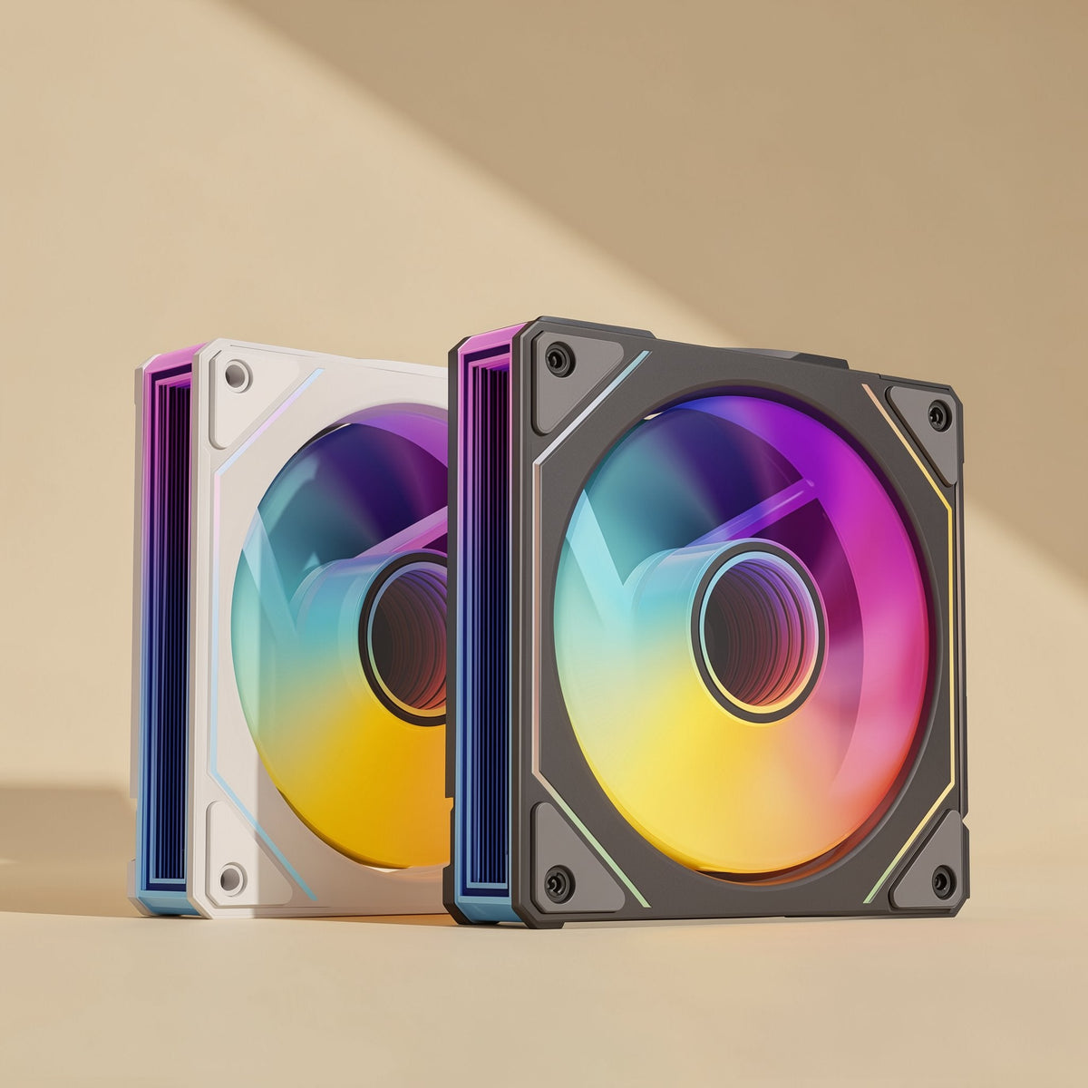 Glowspin 12cm ARGB case fan in white and gray frames showing rainbow gradient lighting, side by side
