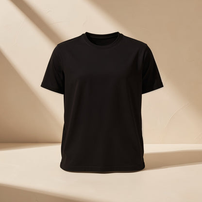 Glowspin 12cm ARGB Case Fan – plain black crew-neck t-shirt on a beige backdrop with soft diagonal shadows