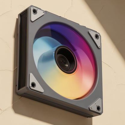 Glowspin – Gray framed fan with corner mounts and purple-to-yellow rainbow lighting, angled view on a cream wall