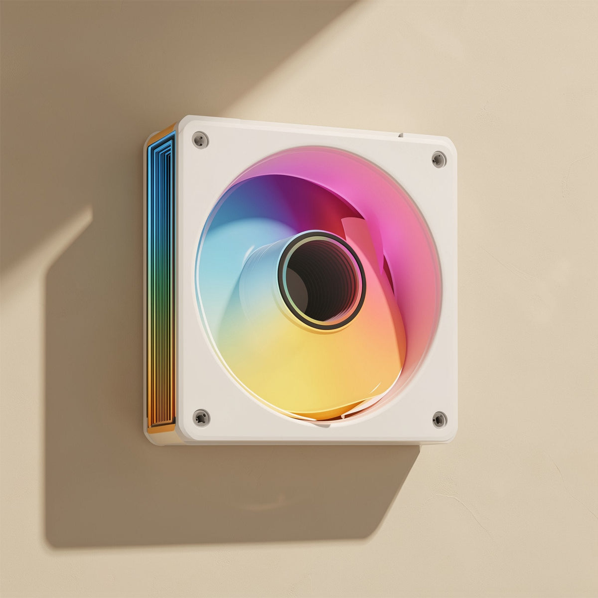 Glowspin 12cm ARGB Case Fan – white framed fan with rainbow ARGB lighting and lit edge panel, mounted on a beige wall