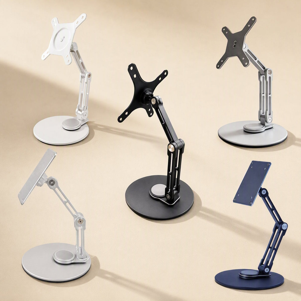 Swiveldesk Aluminum Alloy Rotating Monitor Stand in five finishes: white, black, silver, light gray and navy