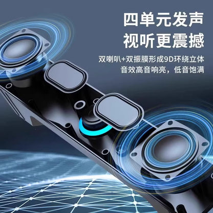Wavecrest Small Desktop Speaker – cutaway view of the speaker's internal drivers and diaphragms with blue sound-wave rings