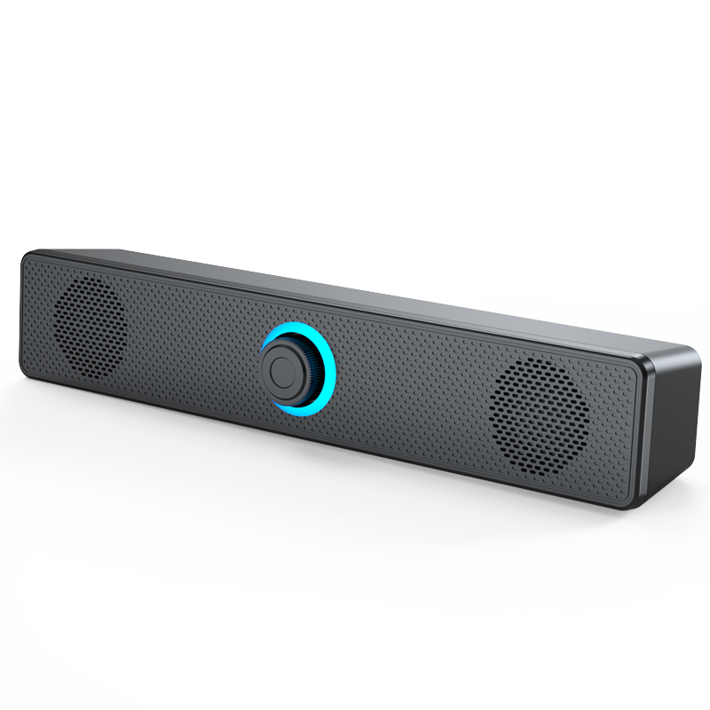 Wavecrest – Black rectangular speaker bar with round mesh grilles and a blue-ringed center knob, angled front view