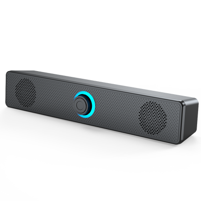 Wavecrest – Black rectangular speaker bar with round mesh grilles and a blue-ringed center knob, angled front view