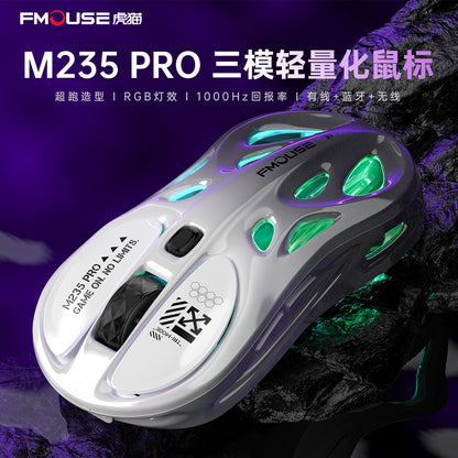 Pawbyte – Close-up of the white mouse with green-lit side cutouts, black faceted scroll wheel and printed logos
