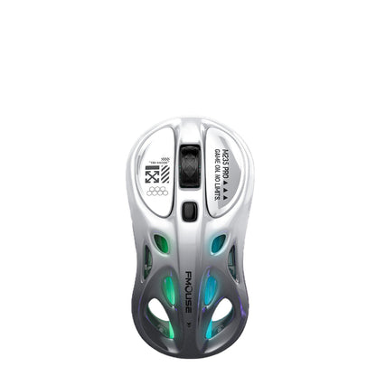 Pawbyte – Top-down view of the white-to-grey gradient mouse with green and blue lit cutouts on a plain white background