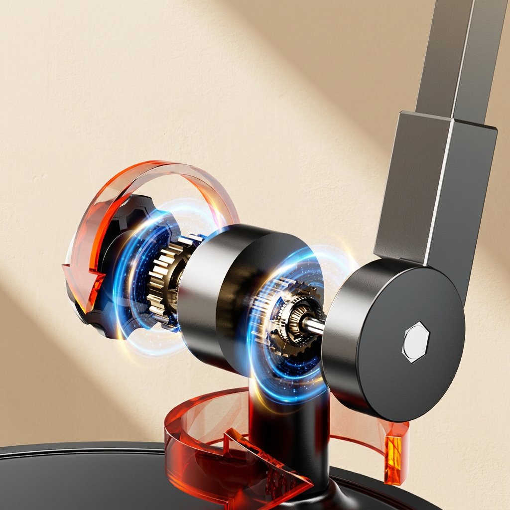 Hoverhold – Cutaway render of the stand's hinge showing internal gears and a hex bolt, with orange and blue highlights