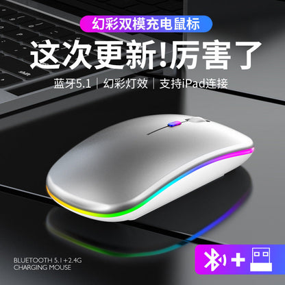 Glowbit Dual-Mode Wireless Mouse in silver with rainbow LED edge lighting, Bluetooth and USB receiver icons