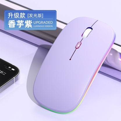 Glowbit Dual-Mode Wireless Mouse – lavender purple mouse with colourful LED edge glow and pink mode button, next to a phone
