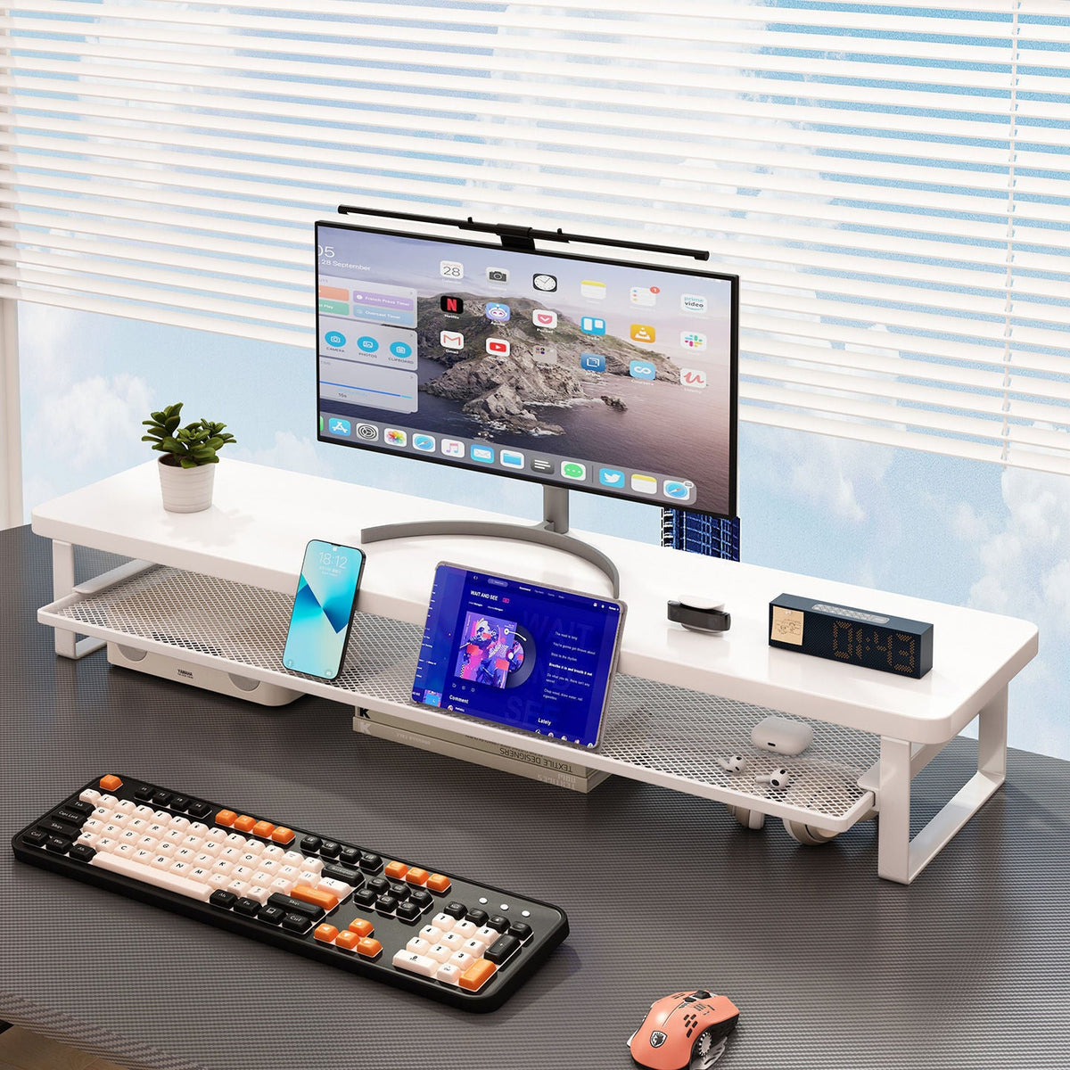 Oakdrawer Wood Monitor Stand With Drawer in white holding a monitor, phone, tablet and clock above a desk