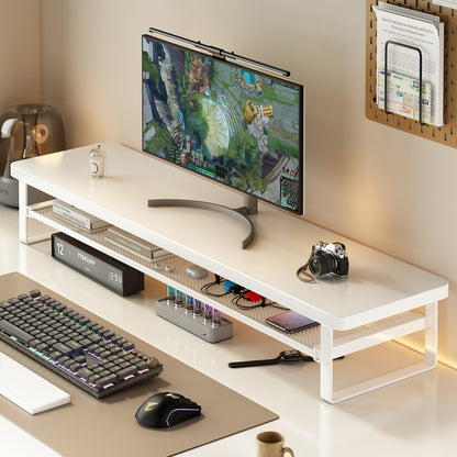 Oakdrawer – White stand with a monitor on top and a mesh shelf below holding a clock, books and a USB hub