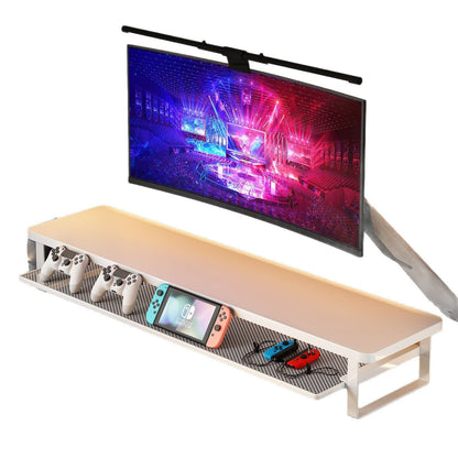 Oakdrawer – White stand with a drawer pulled out holding game controllers and a Nintendo Switch below a curved monitor