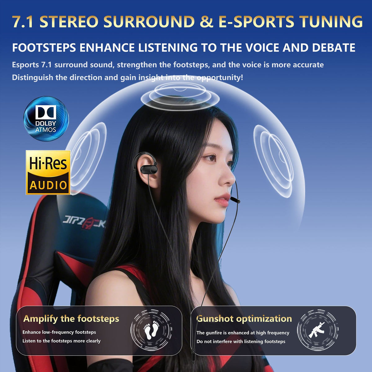 Voxhook – Woman with long dark hair wearing an ear-hook headset with mic in a red and black gaming chair