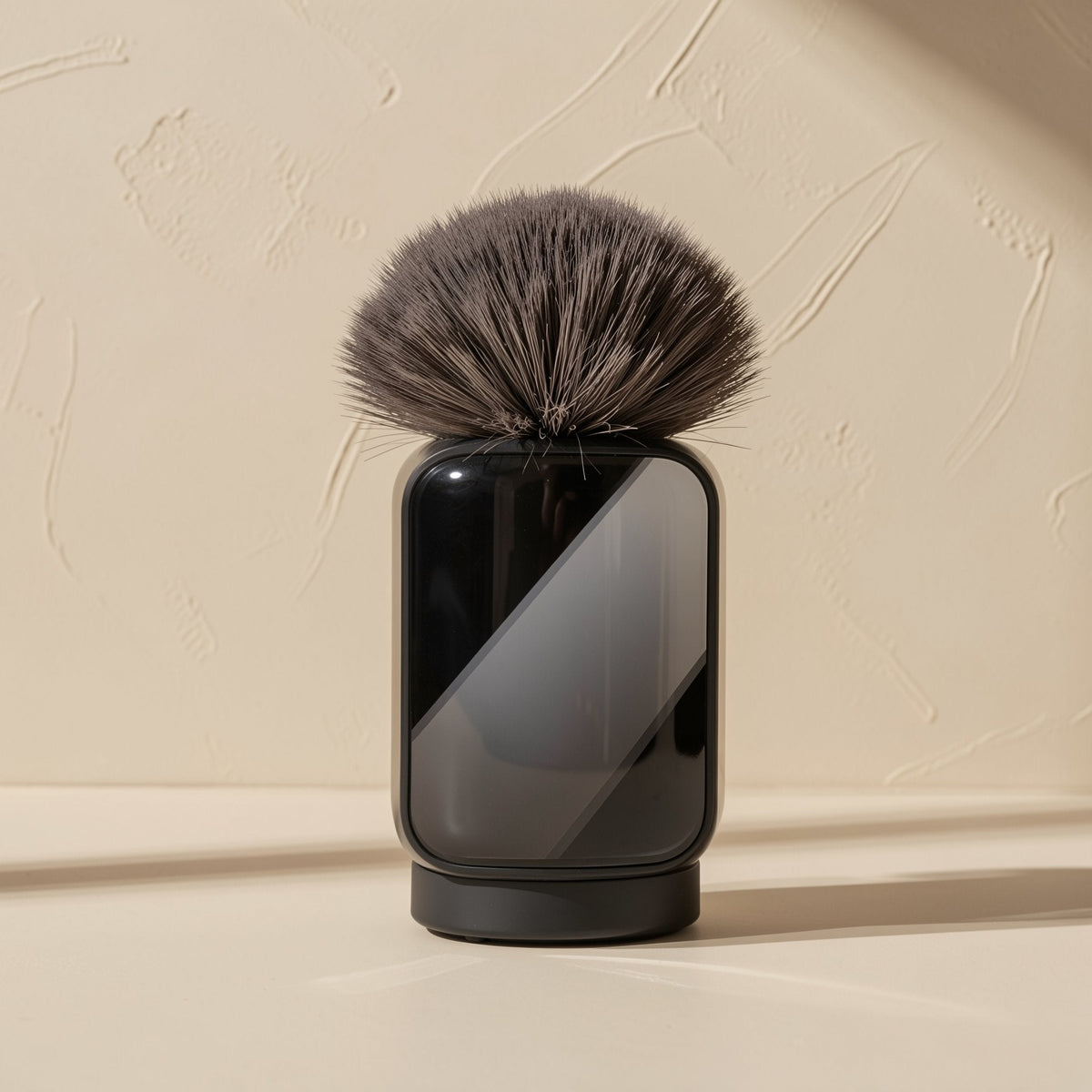 Voicepin Lavalier Microphone, glossy black case with fluffy gray windscreen on a beige background