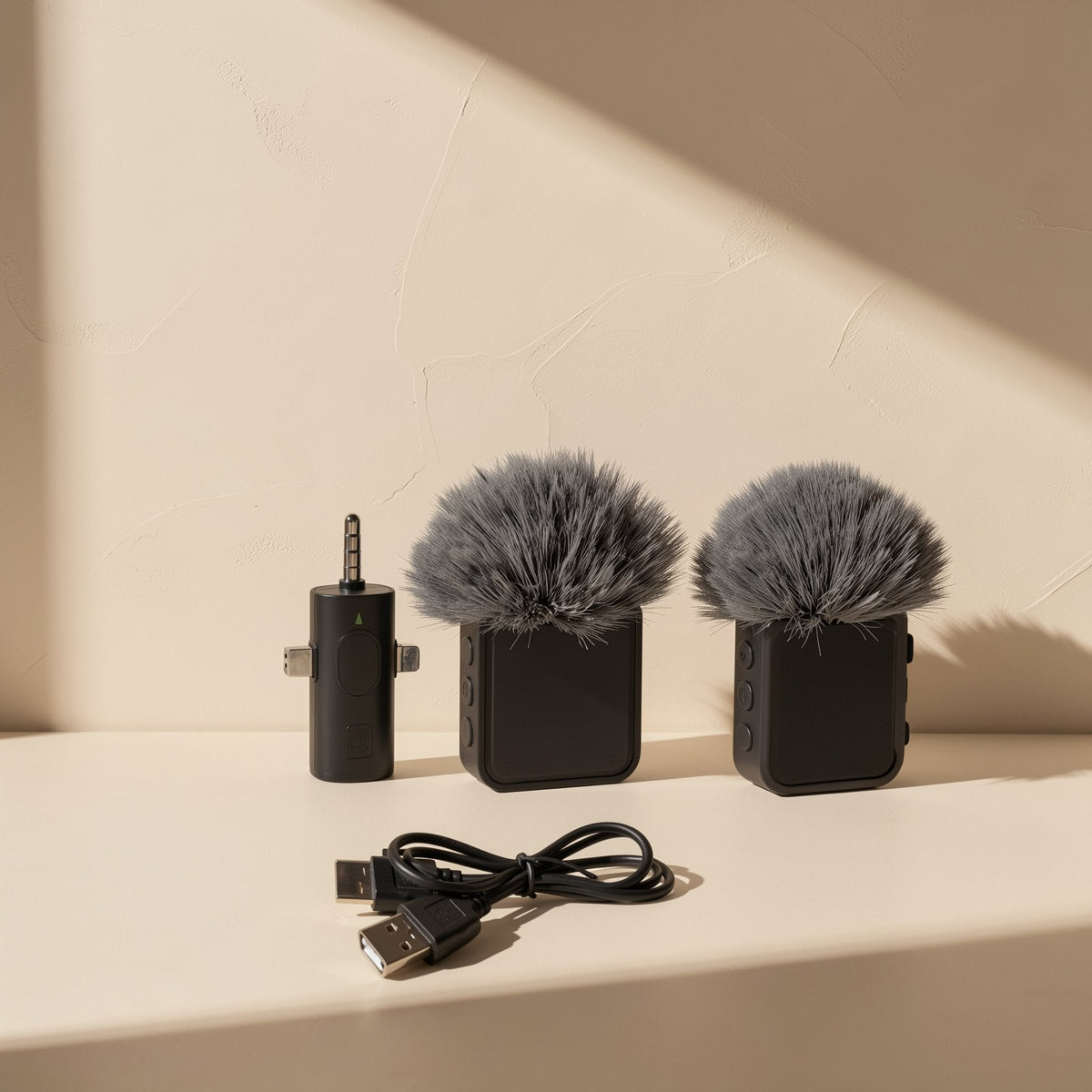 Voicepin – Two black wireless transmitters with gray fur windscreens, a Lightning receiver and USB cable laid out