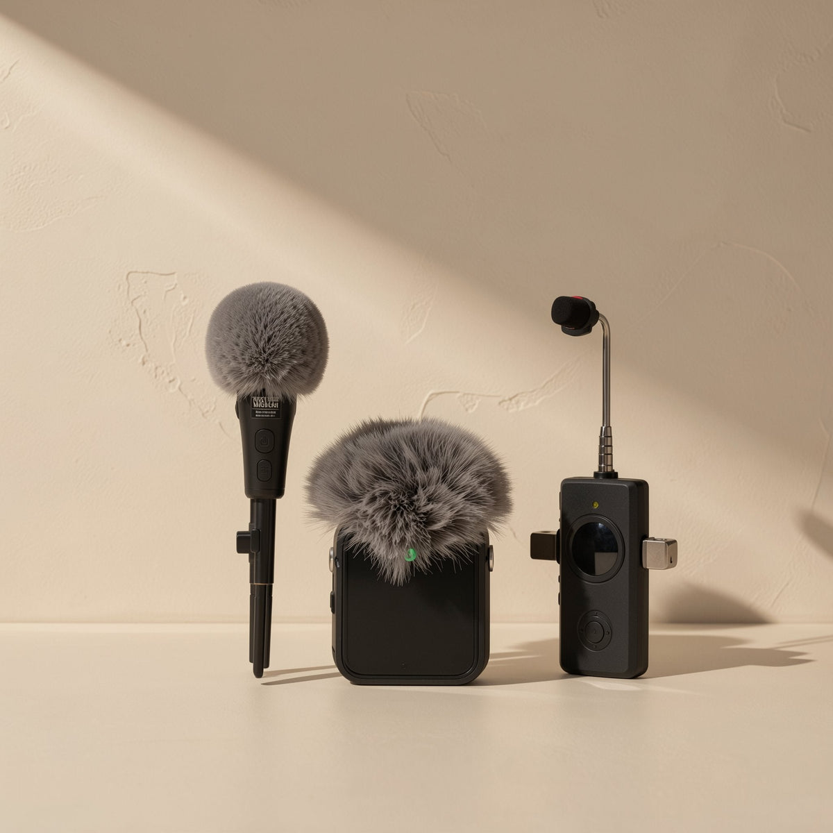 Voicepin – Handheld mic with fur cover, a transmitter and a receiver with gooseneck mic standing side by side