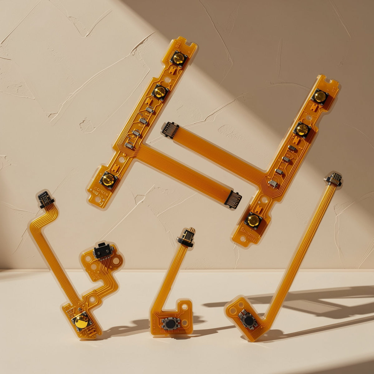 Joylink Nintendo Switch Joy-Con Repair Cable set of five orange flex ribbons arranged against a beige wall