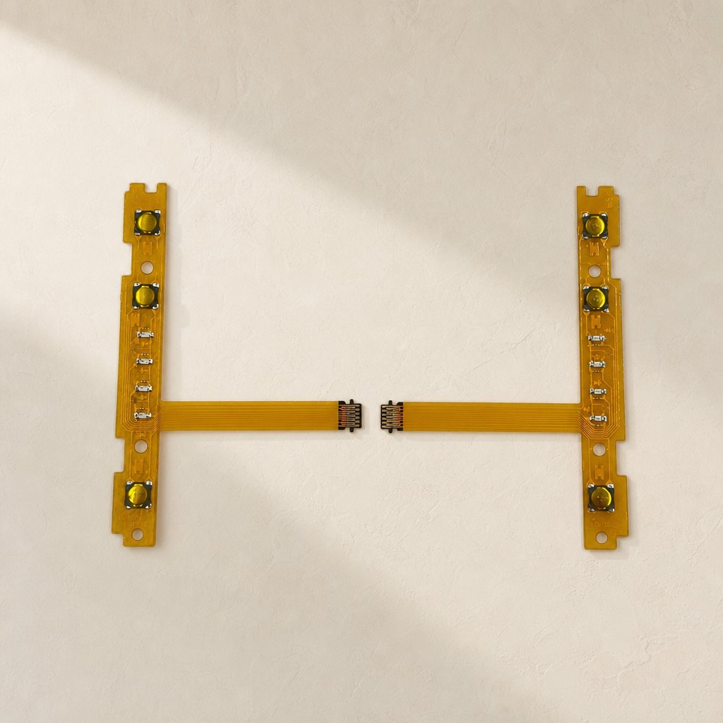 Joylink – Two matching orange side-button flex cables with gold buttons, laid out symmetrically facing each other