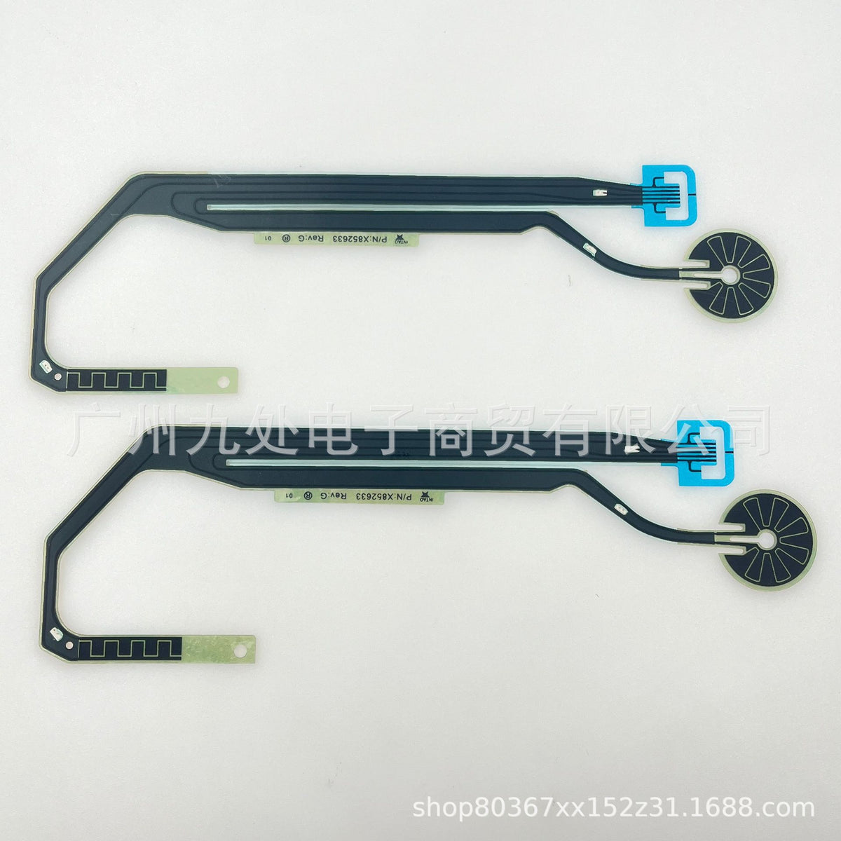 Flexswitch – Pair of power switch flex cables laid out horizontally, each with printed part number and a round sensor pad