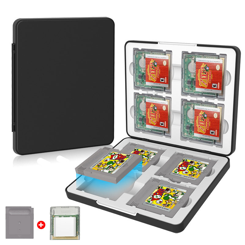 Cartloft 8-in-1 Game Cartridge Storage Box open, holding Zelda and Yoshi cartridges, with loose cartridges below