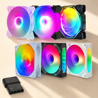 Pinwheel 4-Pin Computer Cooling Fan in six RGB styles, clear, black and white, with a Molex adapter