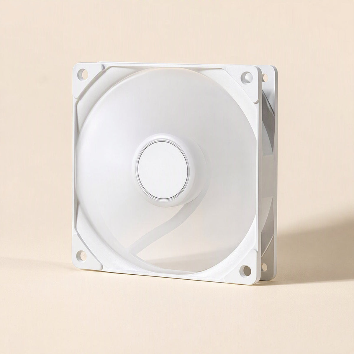 Pinwheel – White 120 mm fan frame seen from the front at an angle, with a plain round hub and no lighting