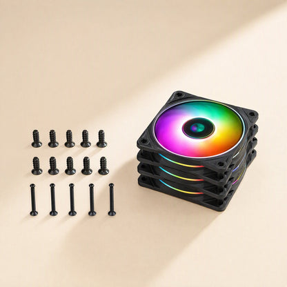 Pinwheel – Stack of four black RGB fans beside two rows of black screws and a row of long mounting pins