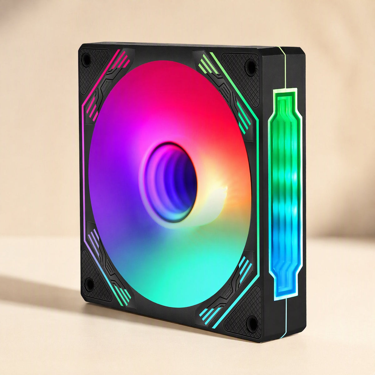 Pinwheel – Black fan frame with rainbow RGB lighting on the blades, corner trim and a glowing side panel