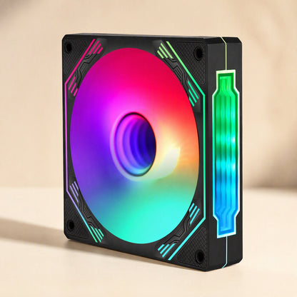 Pinwheel – Black fan frame with rainbow RGB lighting on the blades, corner trim and a glowing side panel