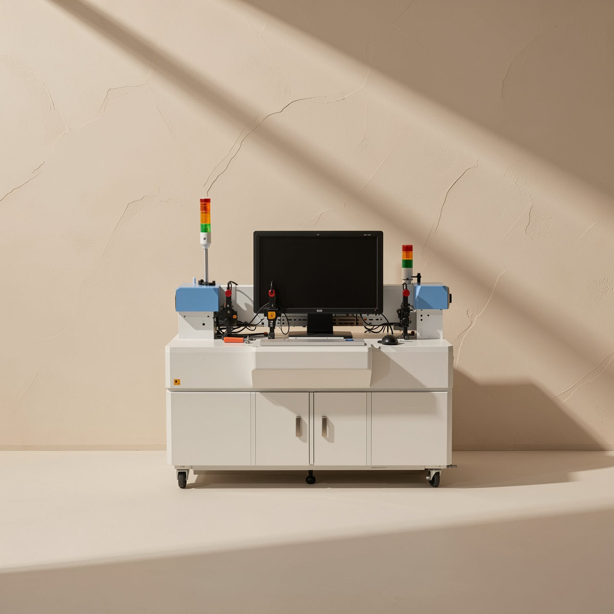 Metalbyte – White production workstation with monitor, two blue-topped machines and signal tower lights on casters