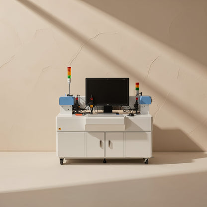 Metalbyte – White production workstation with monitor, two blue-topped machines and signal tower lights on casters
