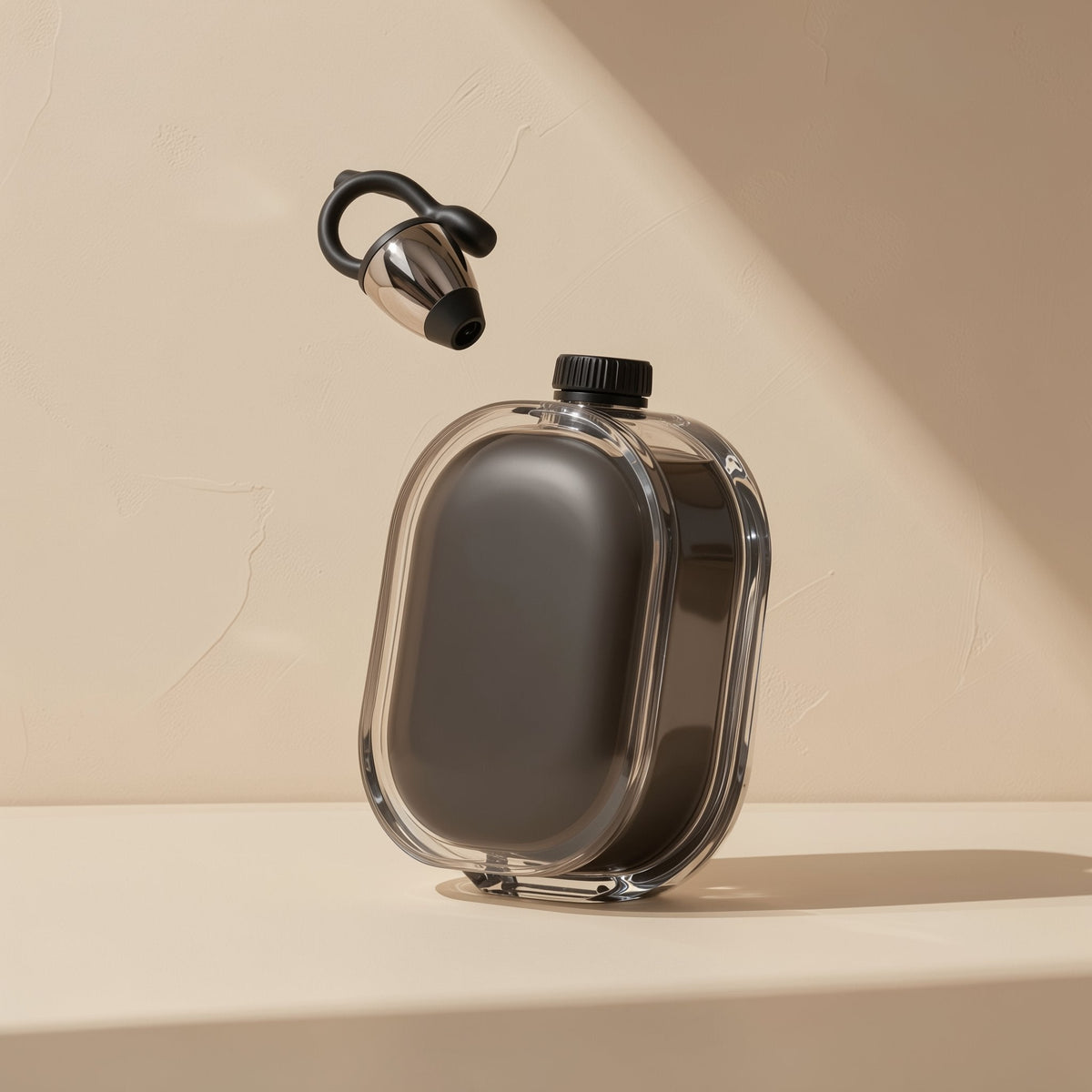 Cliphear clip-on Bluetooth earphone floating above its clear charging case with a black screw cap