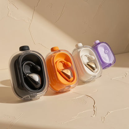 Cliphear – Four earphone cases in black, orange, white and purple, each holding a clip-on earphone, in a diagonal row