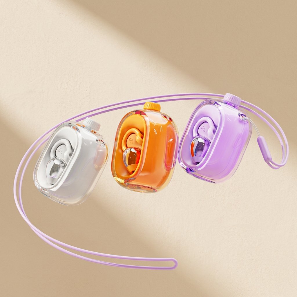 Cliphear – Three clear cases in white, orange and purple, each holding an earphone, linked by a looped purple lanyard