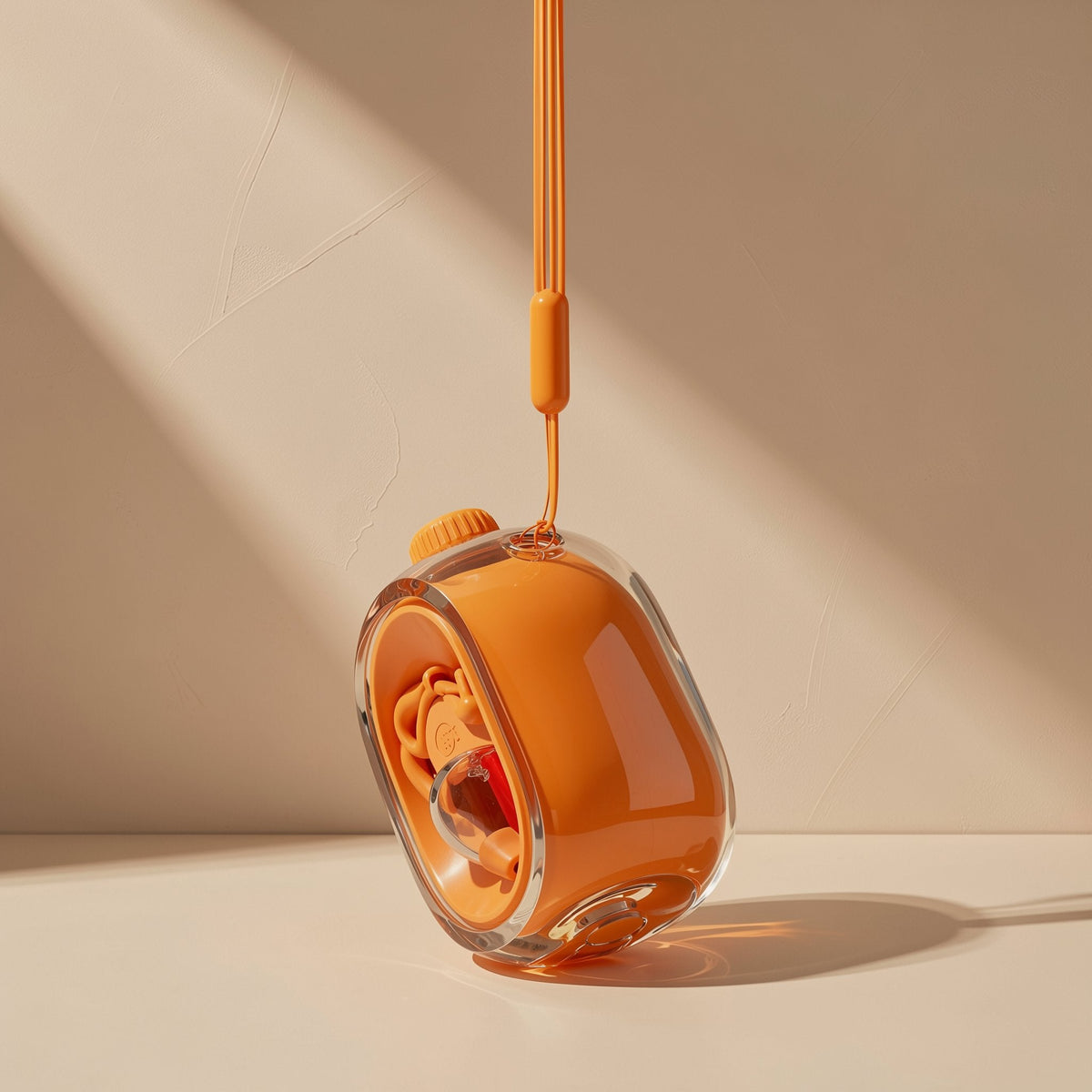 Cliphear – Orange case with an earphone inside hanging from an orange lanyard, tilted against a beige wall