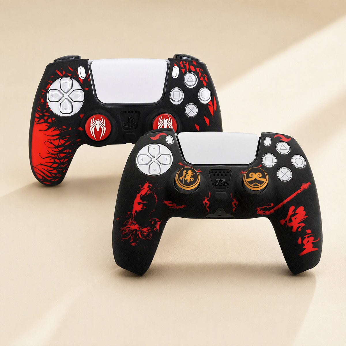 Spookshield PS5 Halloween Pattern Gamepad Cover in black and red, two controllers shown front and back angles